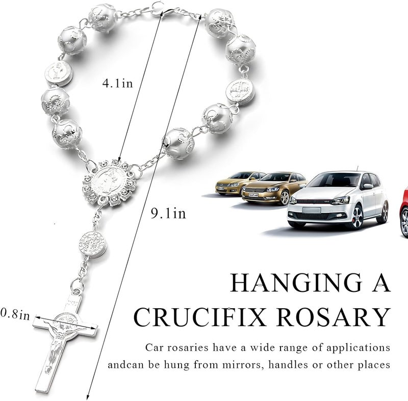 SHMZK Car Rosary for Rearview Mirror, Personalized Blessing Hanging Pendant for Car Rear View Mirror, Cross Rosary Ornament Interior Decor for Most Vehicles, Car Accessories (Silver) - Image 2